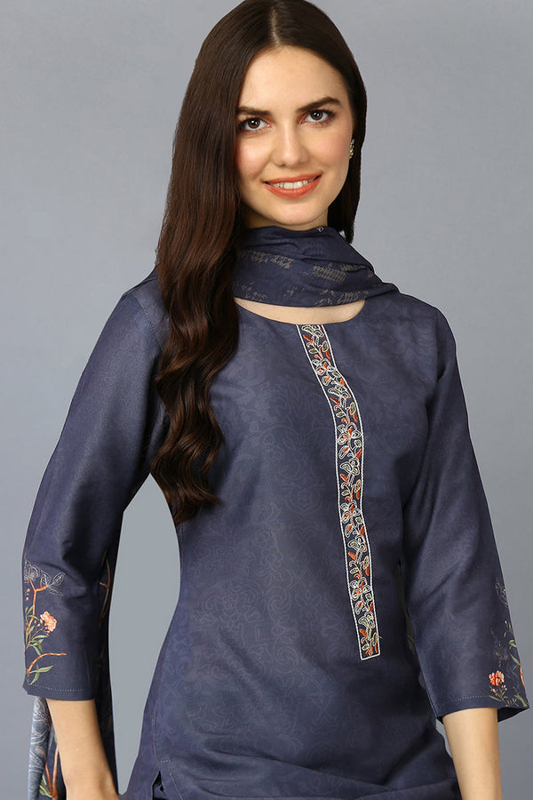 Grey Silk Blend Floral Straight Suit Set PKSKD1959