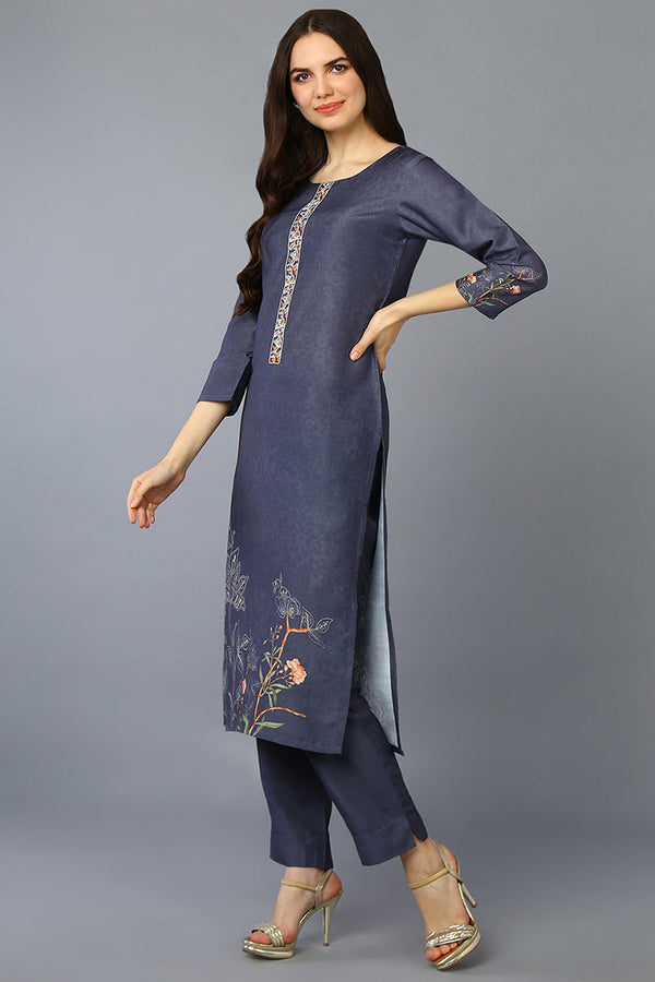 Grey Silk Blend Floral Straight Suit Set PKSKD1959