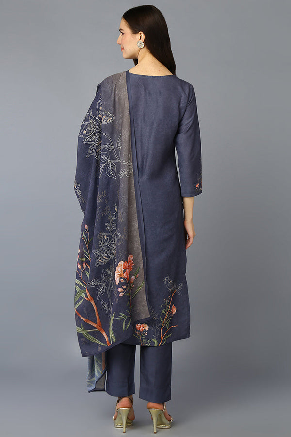 Grey Silk Blend Floral Straight Suit Set PKSKD1959