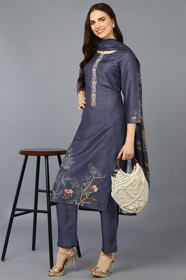 Grey Silk Blend Floral Straight Suit Set PKSKD1959