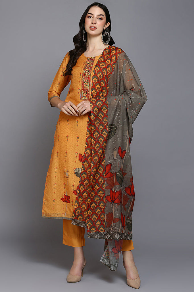 Orange Silk Blend Ethnic Motifs Straight Suit Set PKSKD1961