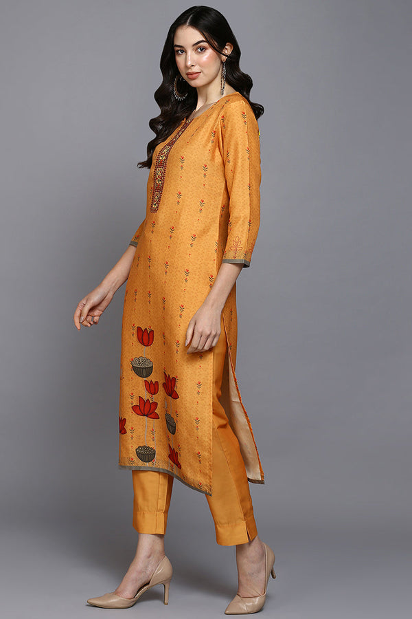 Orange Silk Blend Ethnic Motifs Straight Suit Set PKSKD1961