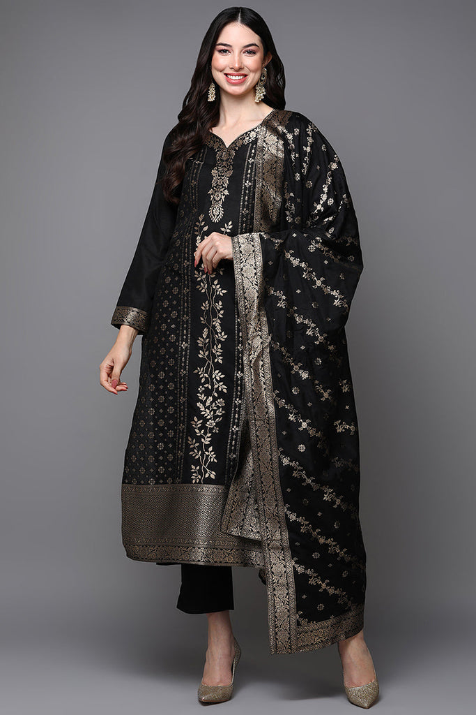 Black Poly Chanderi Floral Straight Suit Set PKSKD1975