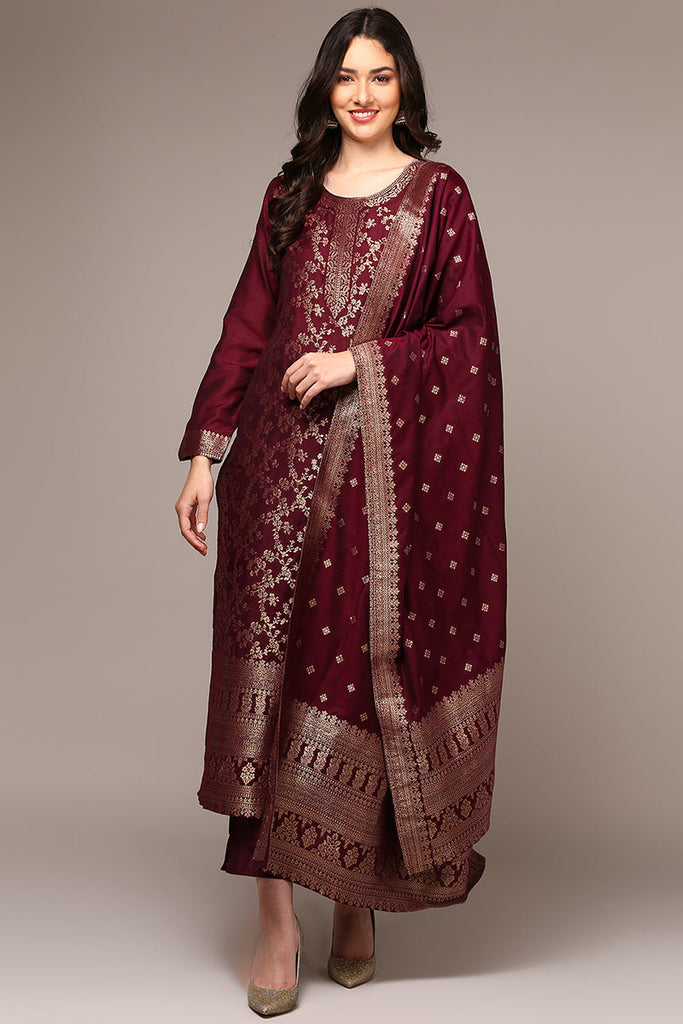 Maroon Poly Chanderi Woven Design Straight Suit Set PKSDK1976