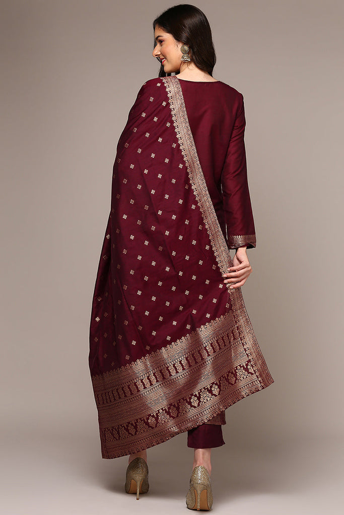 Maroon Poly Chanderi Woven Design Straight Suit Set PKSDK1976