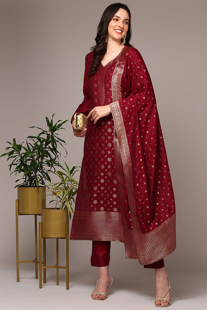 Red Poly Chanderi Woven Design Straight Suit Set PKSKD1977