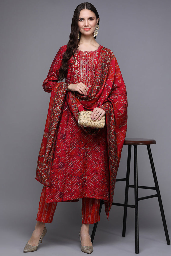 Red Silk Blend Bandhani  Straight Suit Set PKSKD1978