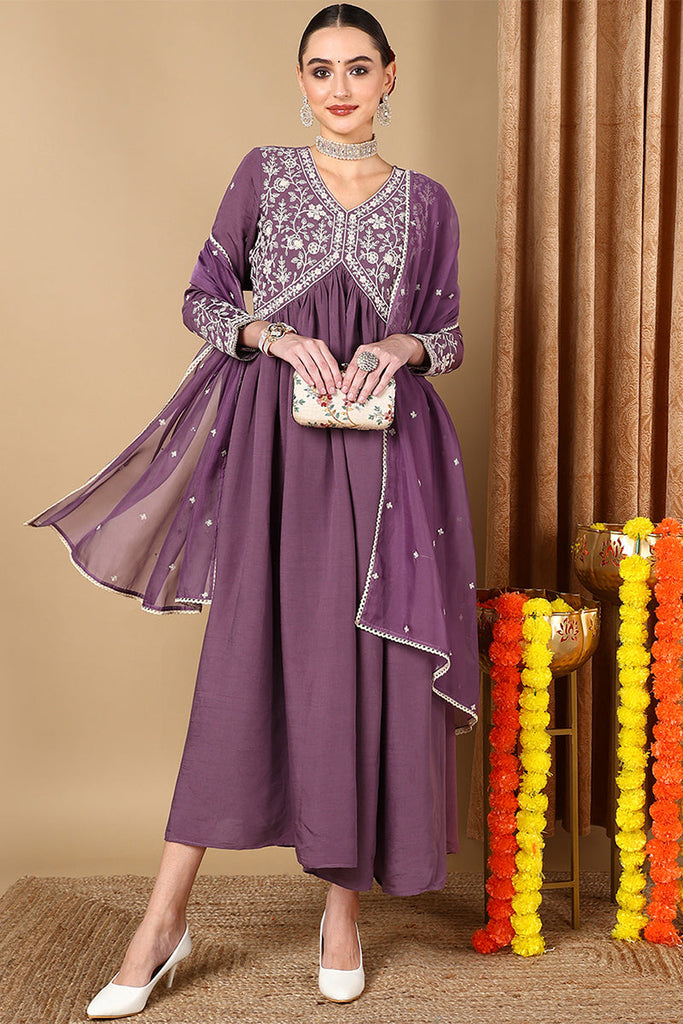 Purple Silk Blend Embroidered Anarkali Suit Set PKSKD1998