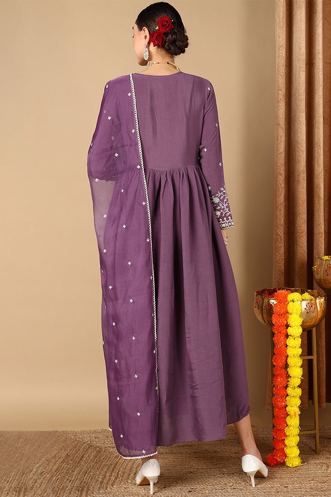 Purple Silk Blend Embroidered Anarkali Suit Set PKSKD1998