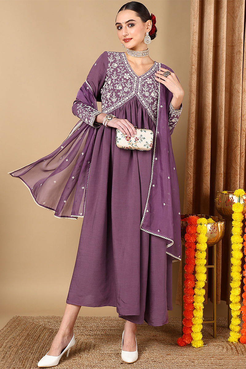 Purple Silk Blend Embroidered Anarkali Suit Set PKSKD1998