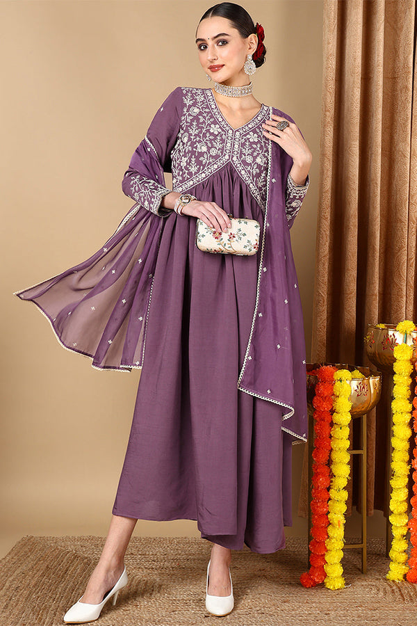 Purple Silk Blend Embroidered Anarkali Suit Set PKSKD1998