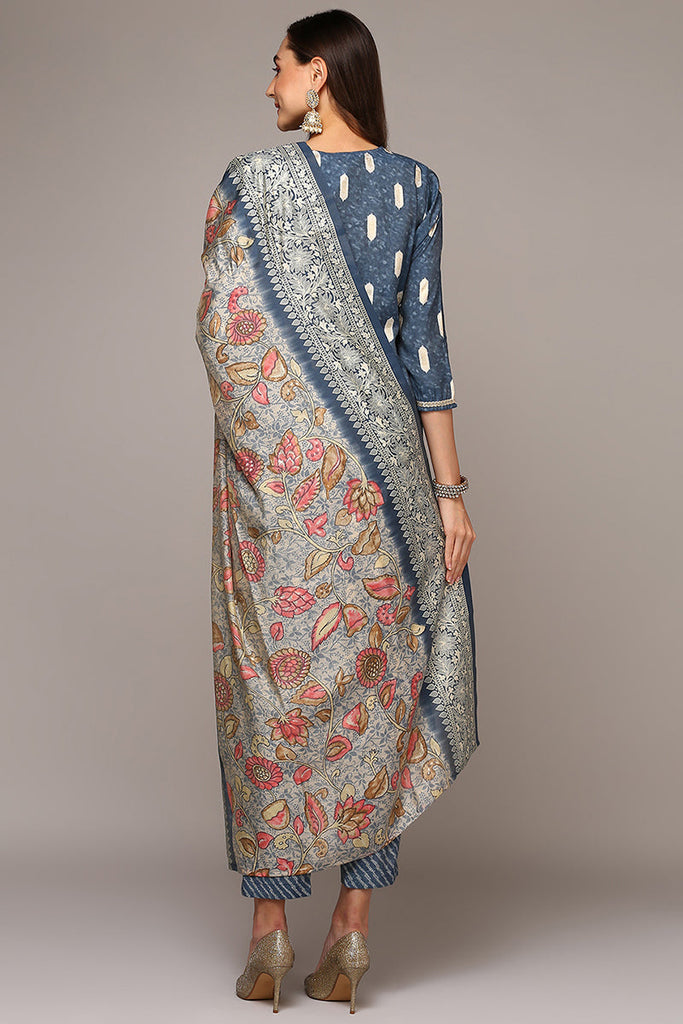 Blue Silk Blend Embroidered Straight Suit Set PKSKD1999