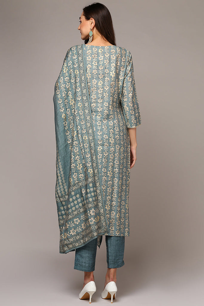 Grey Silk Blend Printed Straight Suit Set PKSKD2001