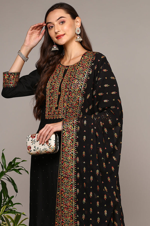 Black Silk Blend Solid Straight Suit Set PKSKD2003