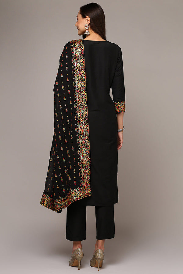 Black Silk Blend Solid Straight Suit Set PKSKD2003