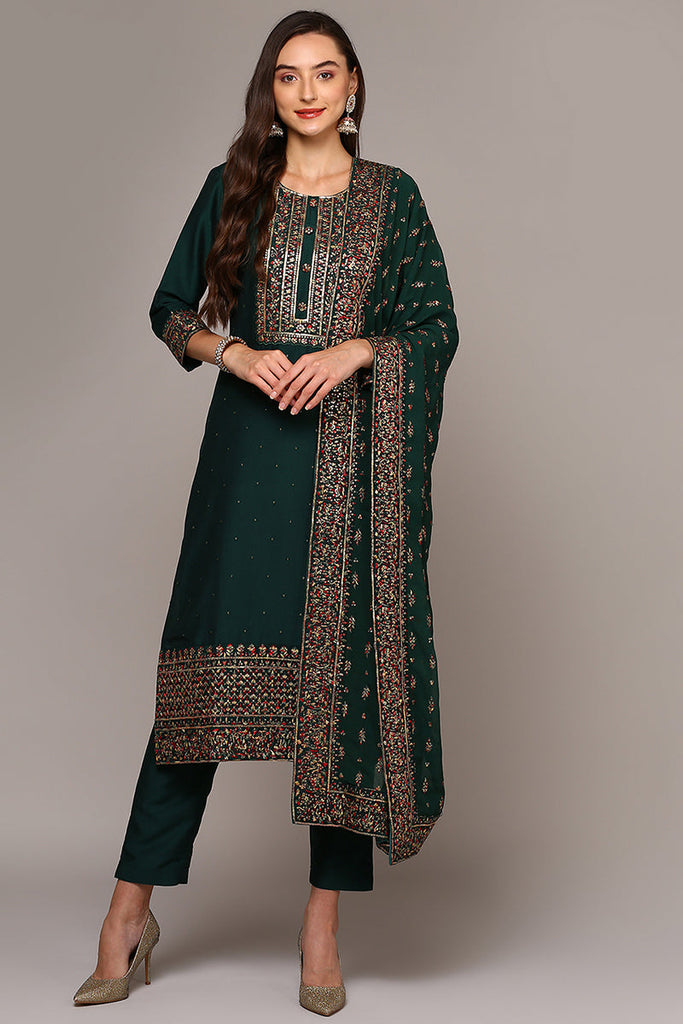 Green Silk Blend Solid Straight Suit Set PKSKD2005