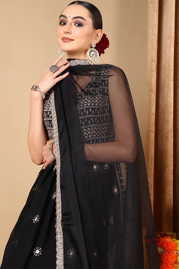 Black Poly Georgette Embroidered A-Line Suit Set PKSKD2007