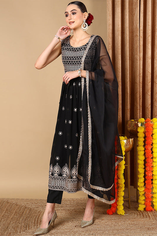 Black Poly Georgette Embroidered A-Line Suit Set PKSKD2007