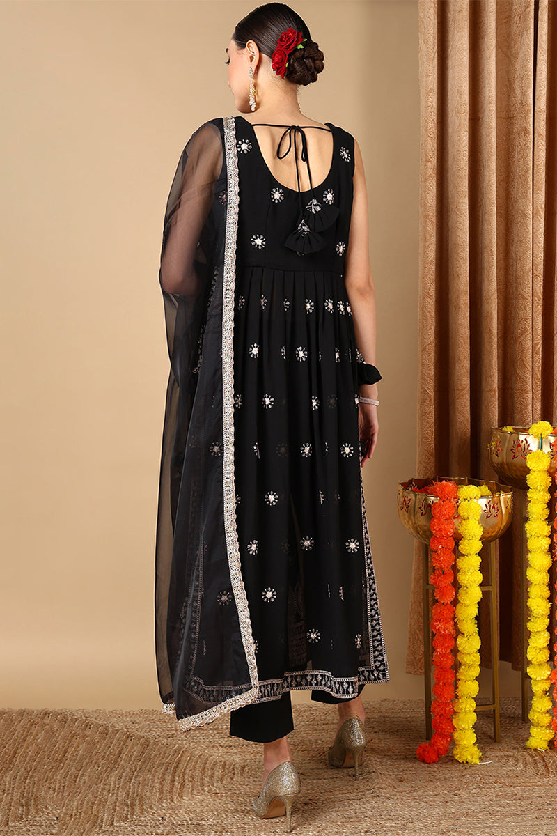 Black Poly Georgette Embroidered A-Line Suit Set PKSKD2007