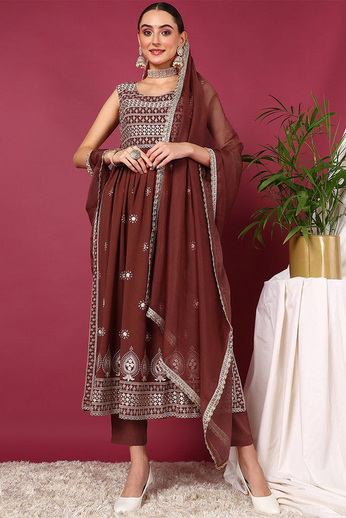 Rust Poly Georgette Solid Embroidered Straight Suit Set PKSKD2008