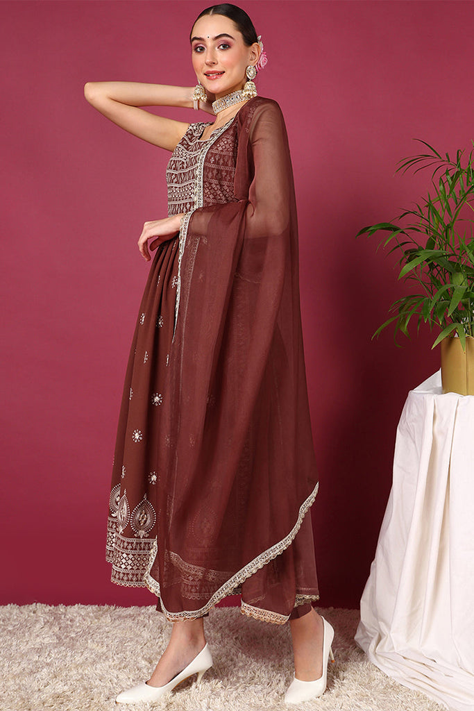 Rust Poly Georgette Solid Embroidered Straight Suit Set PKSKD2008