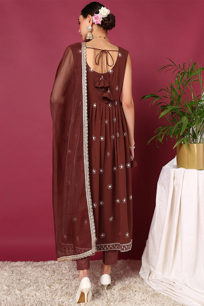 Rust Poly Georgette Solid Embroidered Straight Suit Set PKSKD2008