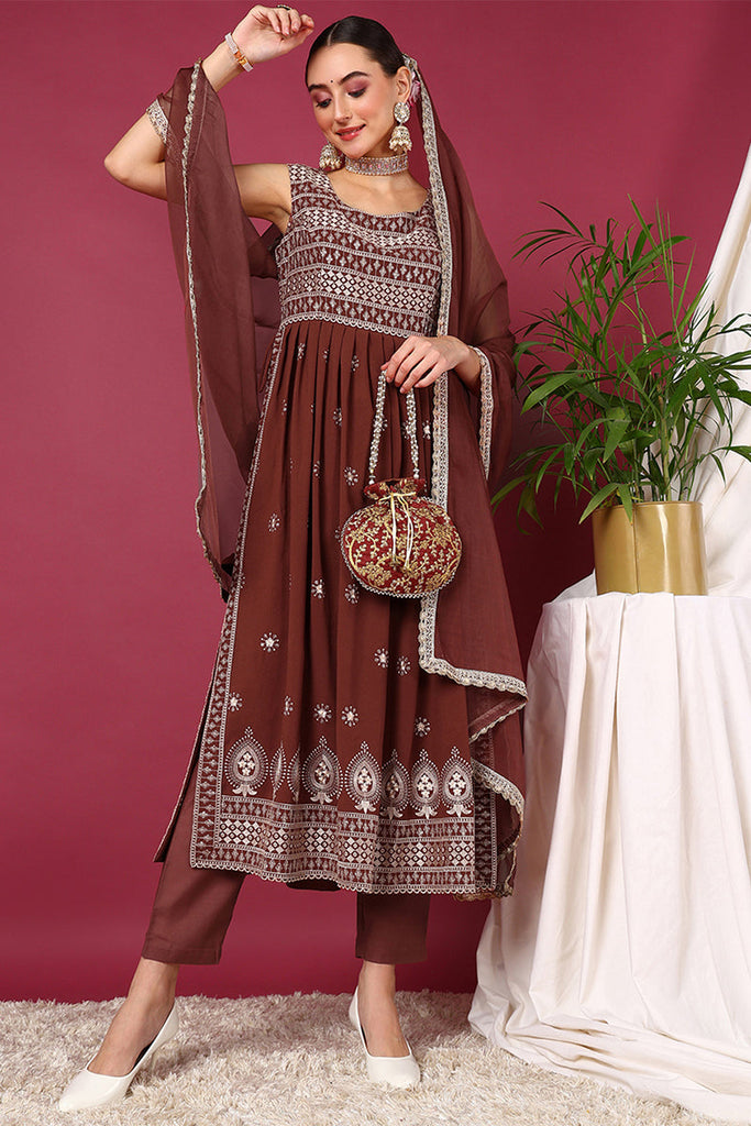 Rust Poly Georgette Solid Embroidered Straight Suit Set PKSKD2008