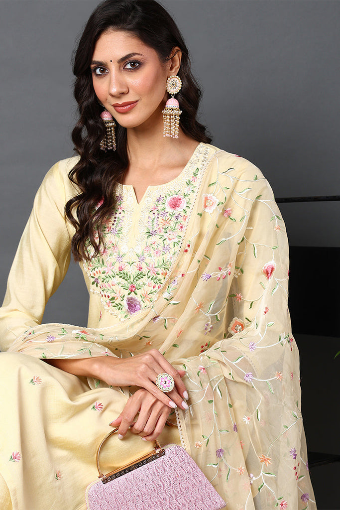 Yellow Silk Blend Solid Embroidered Straight Suit Set PKSKD2011