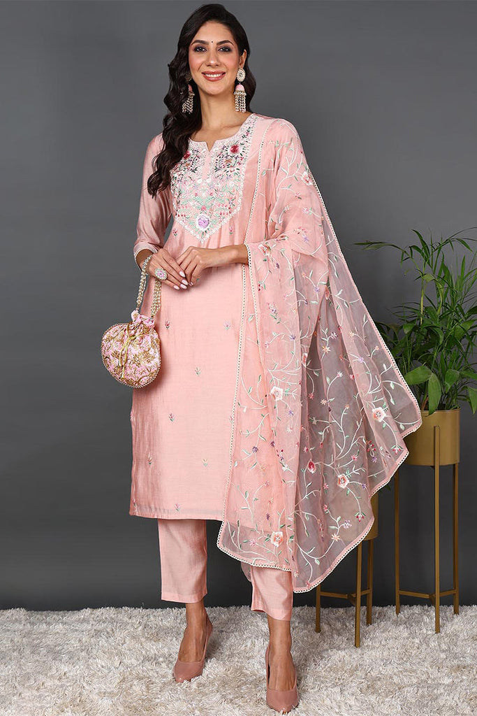 Pink Silk Blend Solid Embroidered Straight Suit Set PKSKD2012