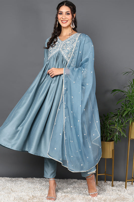 Blue Silk Blend Solid Embroidered Anarkali Suit Set PKSKD2013