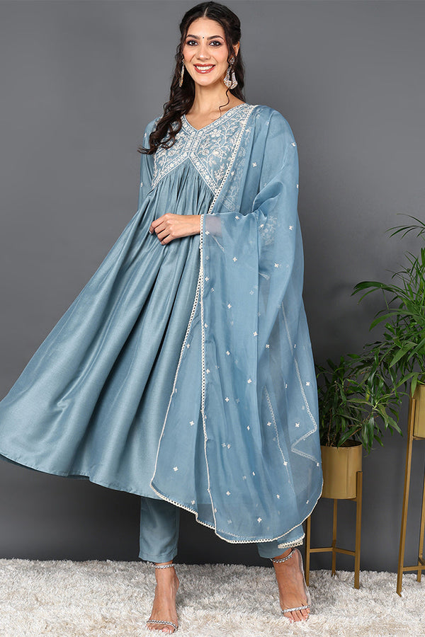 Blue Silk Blend Solid Embroidered Anarkali Suit Set PKSKD2013