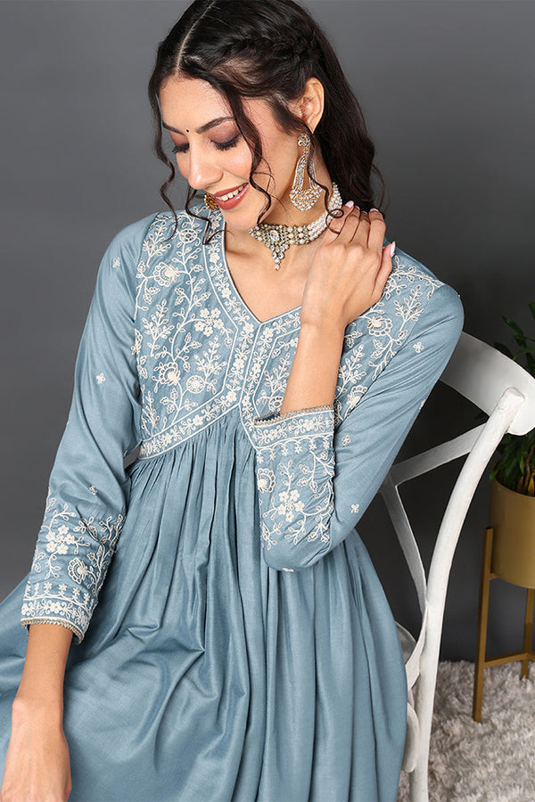 Blue Silk Blend Solid Embroidered Anarkali Suit Set PKSKD2013