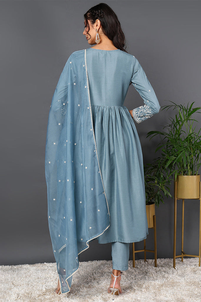 Blue Silk Blend Solid Embroidered Anarkali Suit Set PKSKD2013