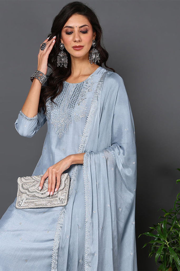 Blue Silk Blend Solid Embroidered Straight Suit Set PKSKD2017