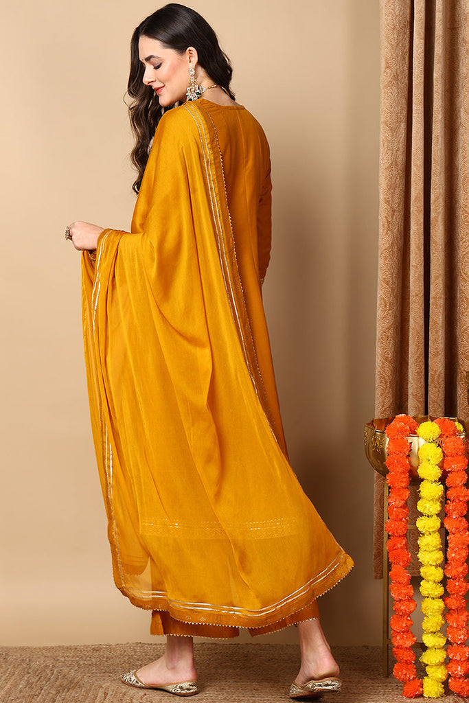 Mustard Yellow Silk Blend Solid Embroidered Anarkali Suit Set PKSKD2022