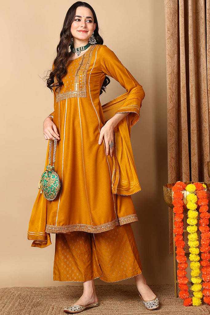 Mustard Yellow Silk Blend Solid Embroidered Anarkali Suit Set PKSKD2022