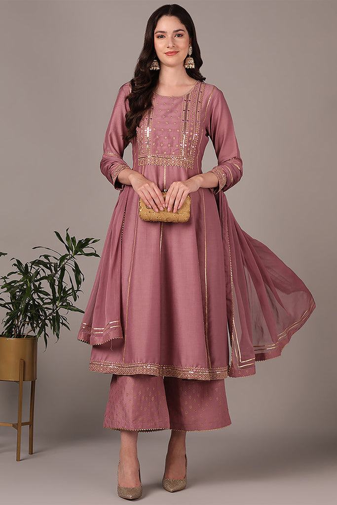 Pink Silk Blend Solid Yoke Design Zari Anarkali Style Suit Set PKSKD2039