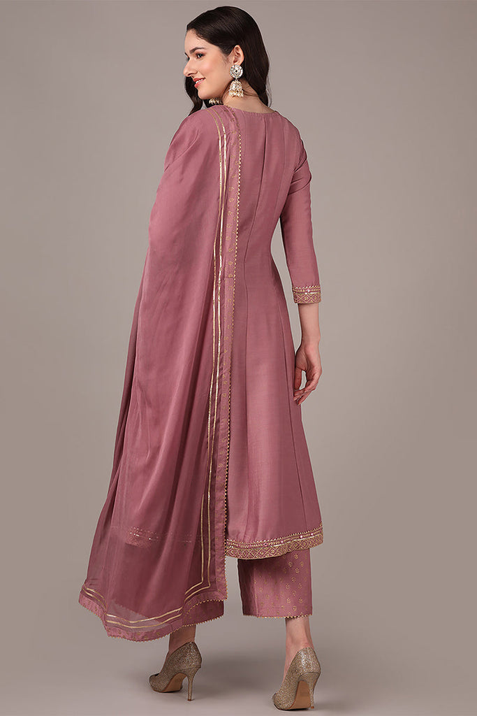 Pink Silk Blend Solid Yoke Design Zari Anarkali Style Suit Set PKSKD2039