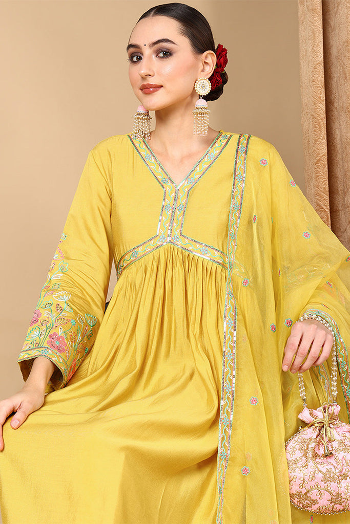 Yellow Silk Blend Embroidered Anarkali Suit Set PKSKD2046