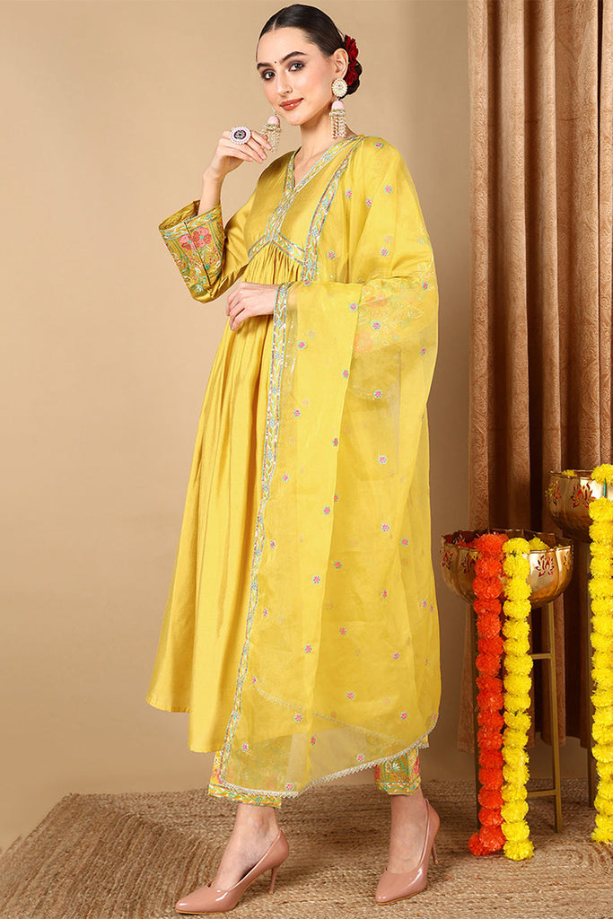 Yellow Silk Blend Embroidered Anarkali Suit Set PKSKD2046