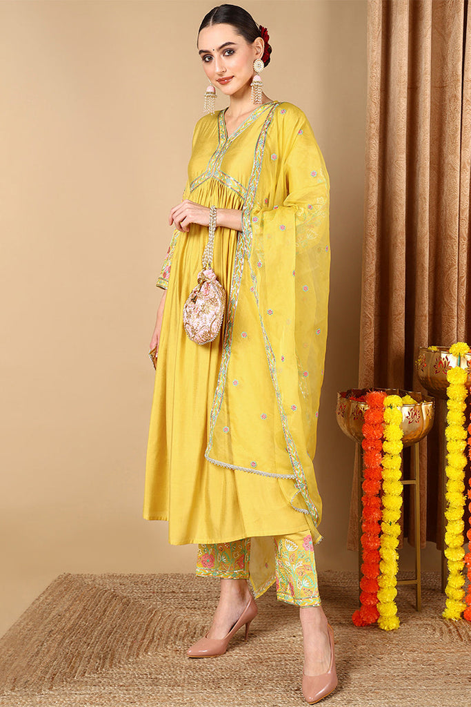 Yellow Silk Blend Embroidered Anarkali Suit Set PKSKD2046