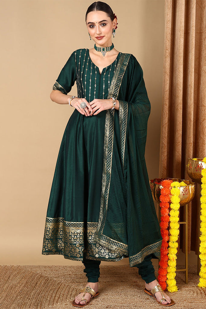 Green Silk Blend Woven Design Anarkali Suit Set PKSKD2051