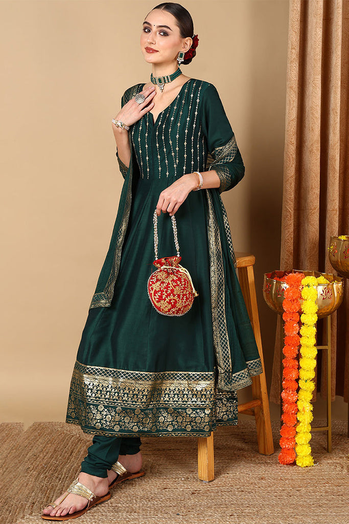 Green Silk Blend Woven Design Anarkali Suit Set PKSKD2051