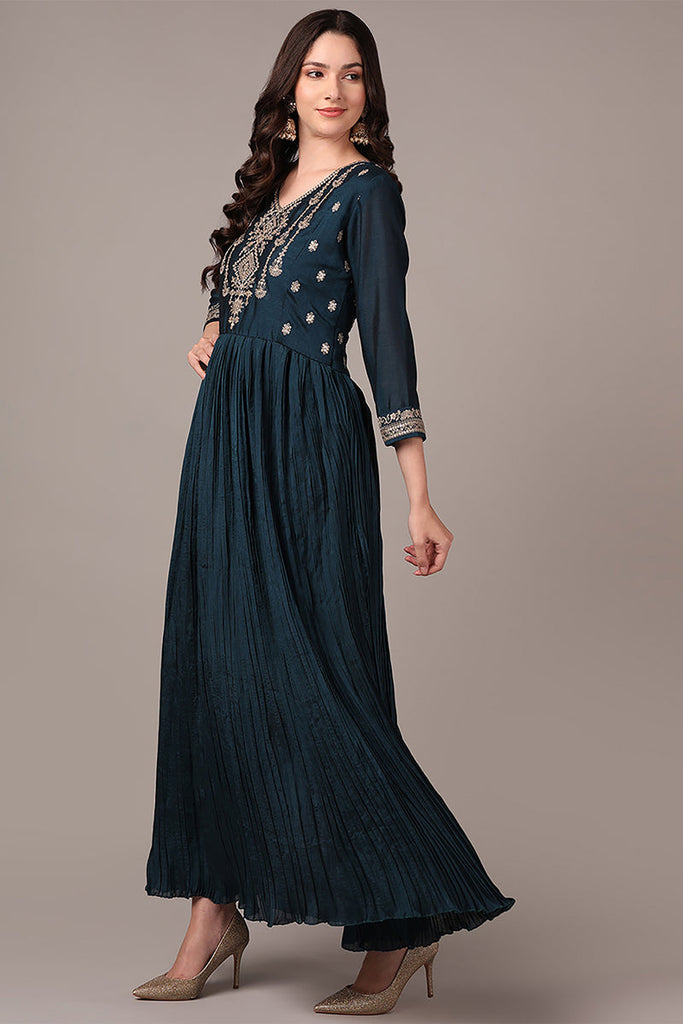 Indigo Blue Silk Blend Solid Embroidered Anarkali Style Suit Set PKSKD2060