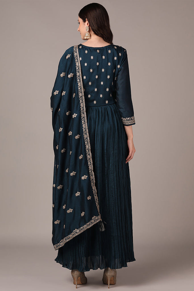 Indigo Blue Silk Blend Solid Embroidered Anarkali Style Suit Set PKSKD2060