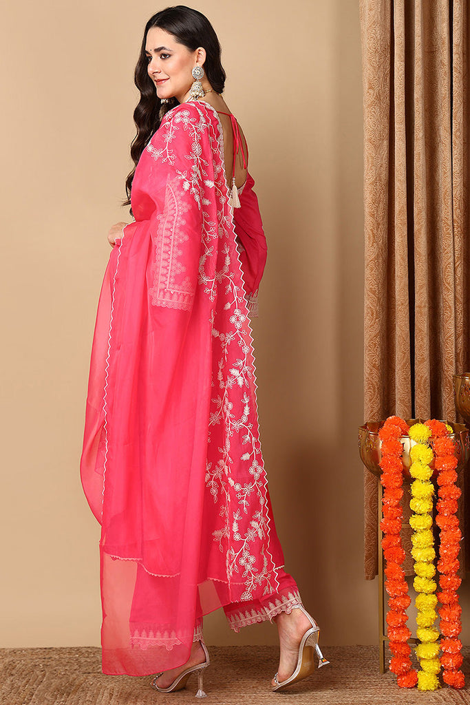 Pink Silk Blend Solid Embroidered Flared Suit Set PKSKD2071