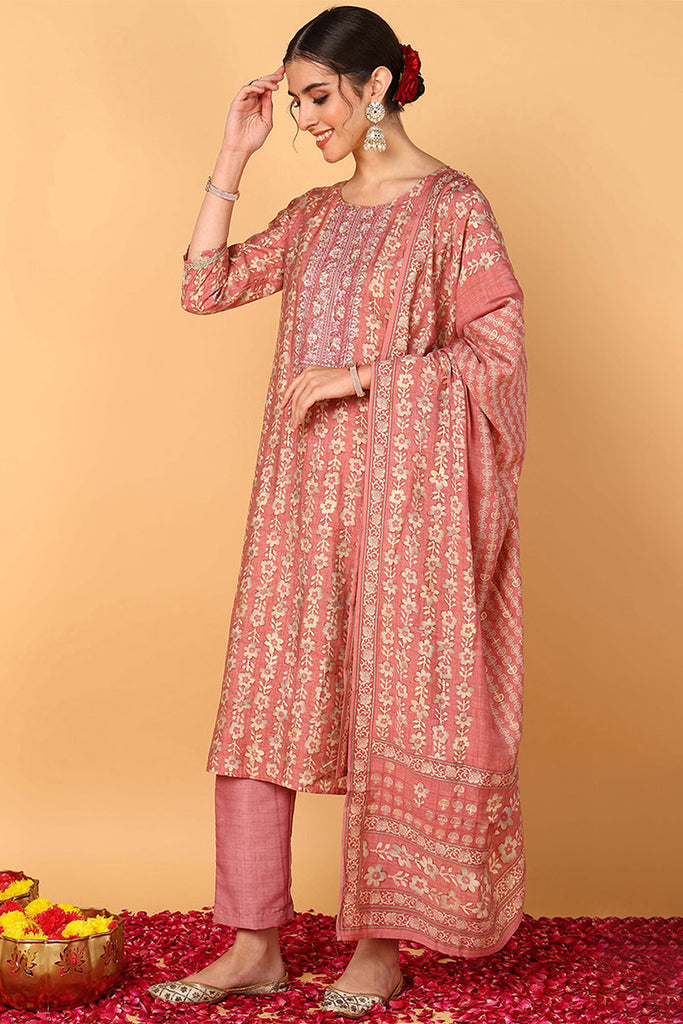 Pink Silk Blend Floral Printed Straight Style Suit Set PKSKD2073