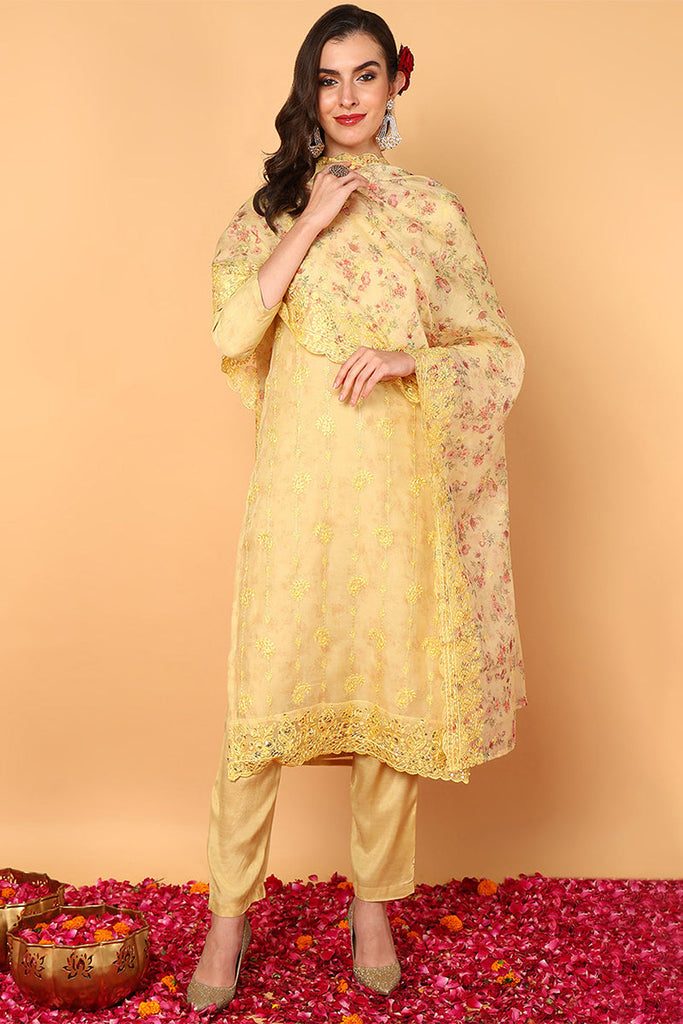 Yellow Organza Floral Embroidered Straight Suit Set PKSKD2086