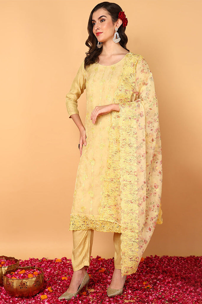 Yellow Organza Floral Embroidered Straight Suit Set PKSKD2086