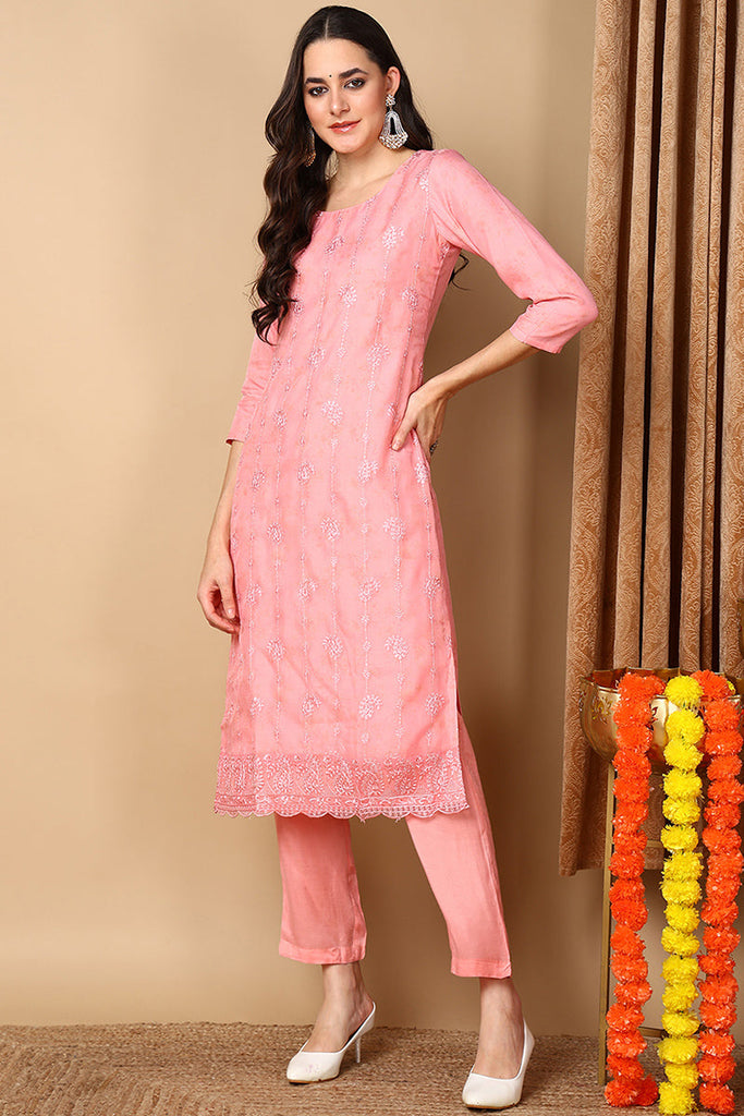 Pink Organza Floral Embroidered Straight Suit Set PKSKD2087